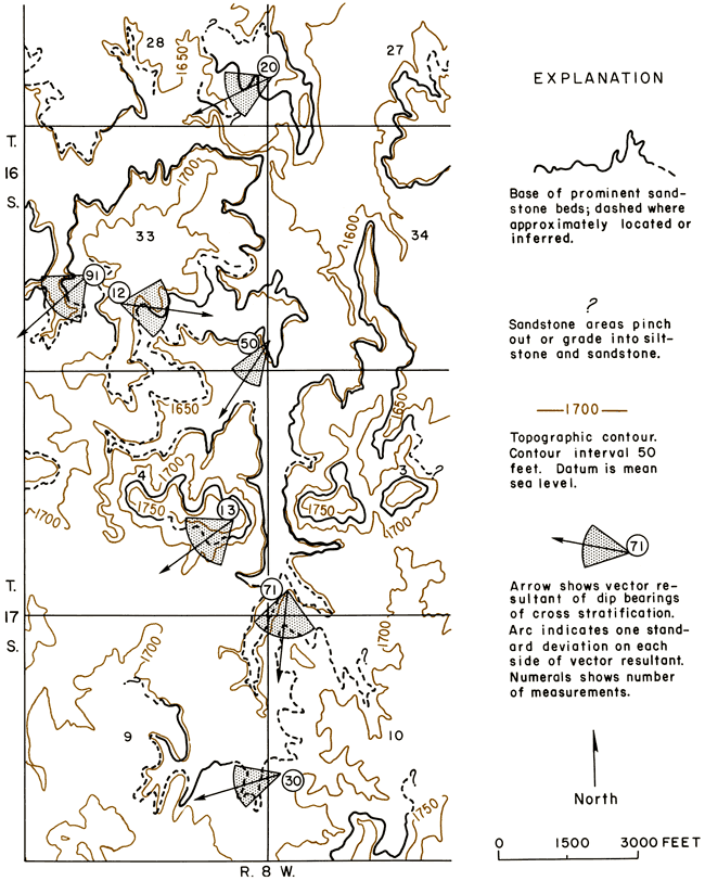 Contour map showing sandstone beds and cross-stratification locations.
