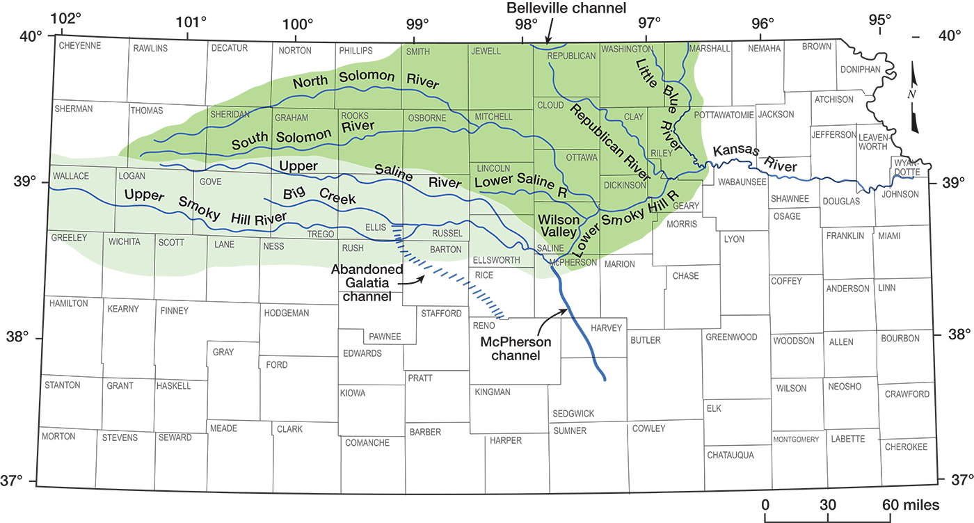 Big Creek and Upper Smoky Hill River drained to south though now-abandoned Galatia channel; northern rivers flowed to Kansas River.