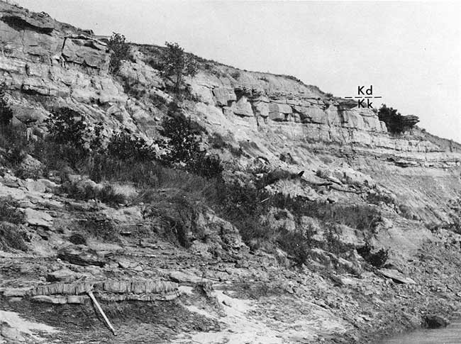 Black and white photo of steeply sided outcrop; massive sandstone at top is over a foot thick; rock hammer for scale.