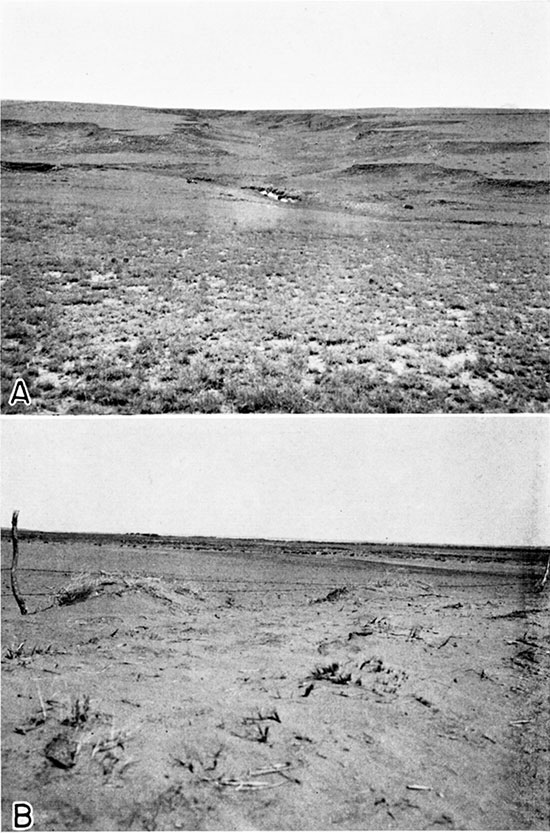 Two black and white photos; top is of typical view of gulley erosion in the Kingsdown silt; lower is of drifting sand in the sand hills bordering the south side of the Arkansas valley.