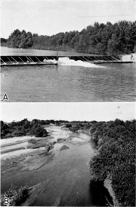 Two black and white photos; top is of dam across Arkansas River; lower is typical view of Arkansas River from Bucklin Bridge.
