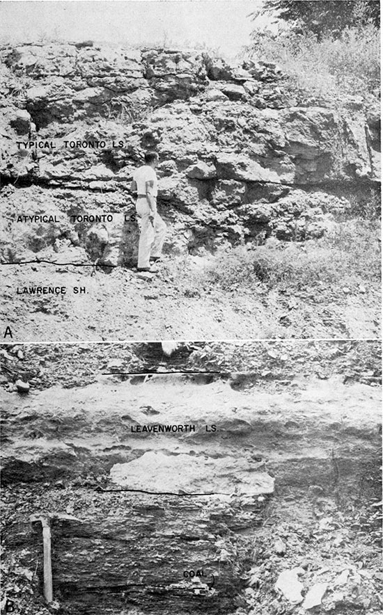 Black and white photos of road cut exposures of Oread Limestone.