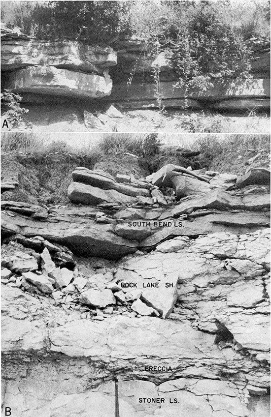 Two black and white photos of quarry exposures of Stanton Limestone.