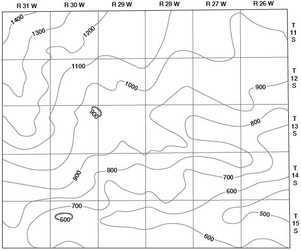 Dakota is as much as 1400 feet deep in far northwest, rises to 500 and 600 feet below surface in southwest corner.