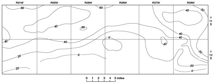 Contour map, thickness of 60 in T. 11 S., R. 31 W., 40 in R. 26 W. of that township; thins to zero in townships to south.