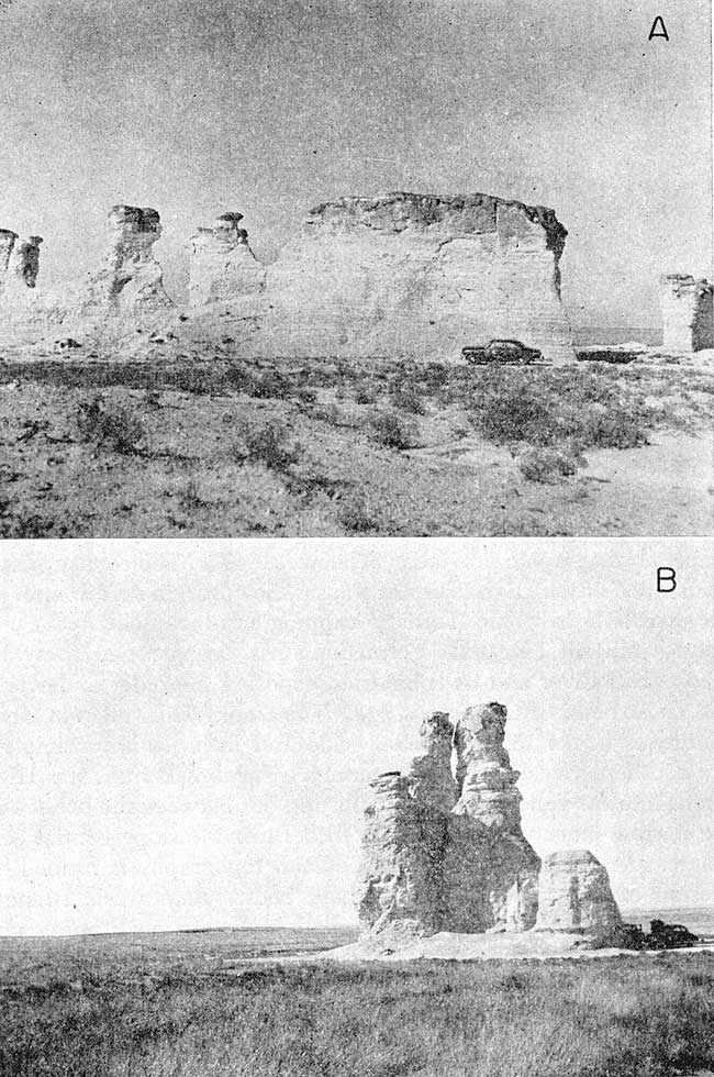 Two black and white photos of steeply sided remnants of chalk beds.