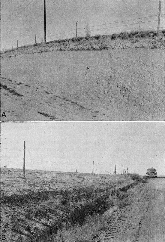 Two black and white photos of outcrops along roads.