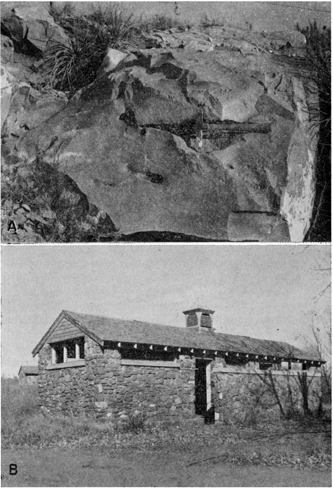 Two black and white photos; top is of large piece of quartzite in outcrop; bottom is of small picnic shelter made of quartzite.