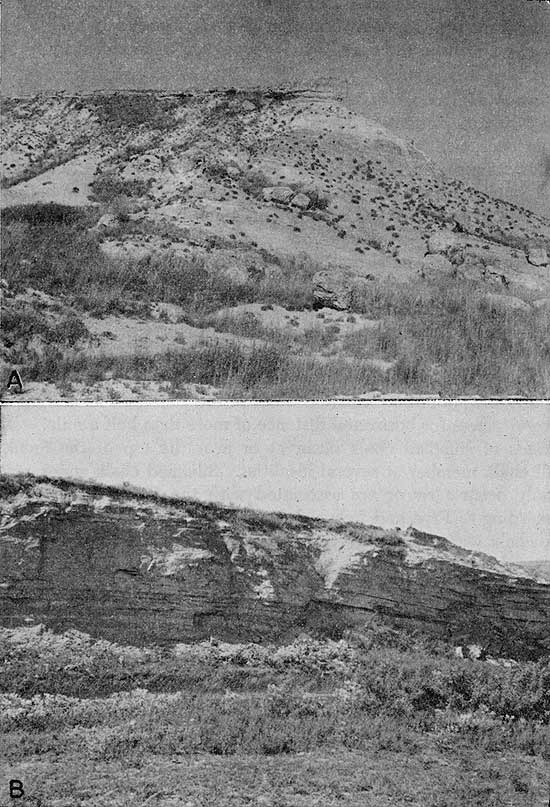 Two black and white photos; top is of small mesa with chalk outcrop and top of resistant Ogallala; bottom is of very thick chalk outcrop above grasslands.