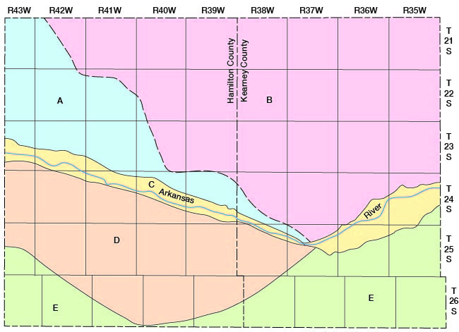 A is band north of river in NW and central Hamilton; B is northern half of Kearny and NE Hamilton; C is directly adjacent to river; D is south of river valey in southern Hamilton; E is SE Kearny and far SW Hamilton.