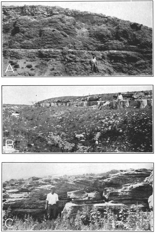 Three black and white photos; man standing next to 8-ft outcrop with very clear horizontal bed, then much thicker bed above; middle photo is 3-4 ft light sandstone on top of gentle slope; bottom photo man in front of 8-10 ft bed, much cross bedding.