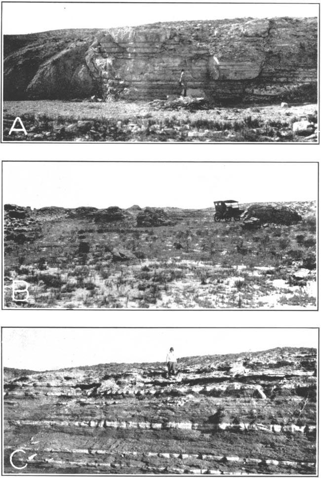 Three black and white photos; top photo is view of massive limstone, clear horizontal bedding, 12+ ft thick, man for scale; Middle photo is of several large, round concretions on flat plain, old car for scale; bottom photo is of worker staning on top of outcrop containing alternating beds of light and dark colored units, each a foot or so thick.