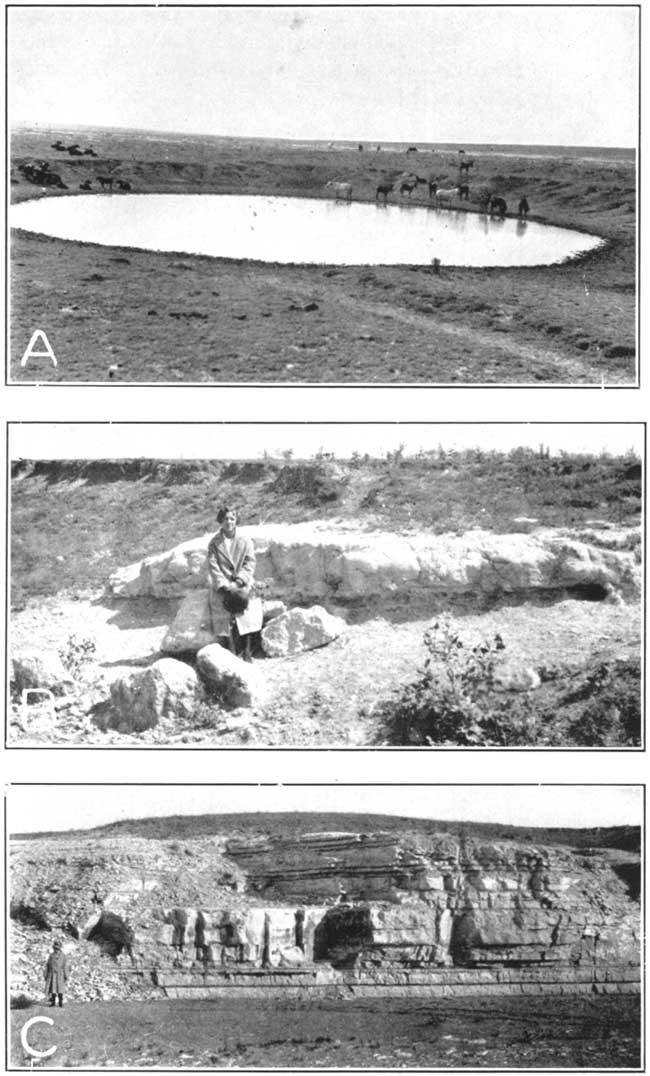 Three black and white photos; top photos is water-filled sink hole, horses drinking, very shallow; middle is white crumbly-looking outcrop of ash, person in coat sitting for scale; bottom photo is massive limestone outcrop, 18 feet high, very clear bedding, man in coat for scale.