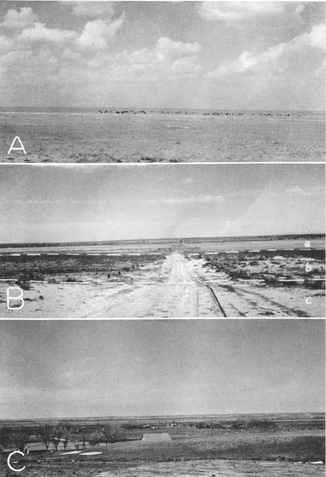 Three black and white photos; top photo is flat treeless plain, short grass or forage, cows in distance; middle photo dirt road stretching from foreground to horizon, middle small ridge leads to sandy ground in background; gently sloping river valley with few trees and a barn.