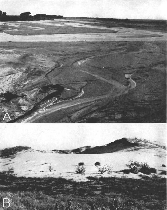 Two black and white photos; top photo shows Ark River with reasonable amount of water in channel; sand dune surrounded by grass and ground cover.
