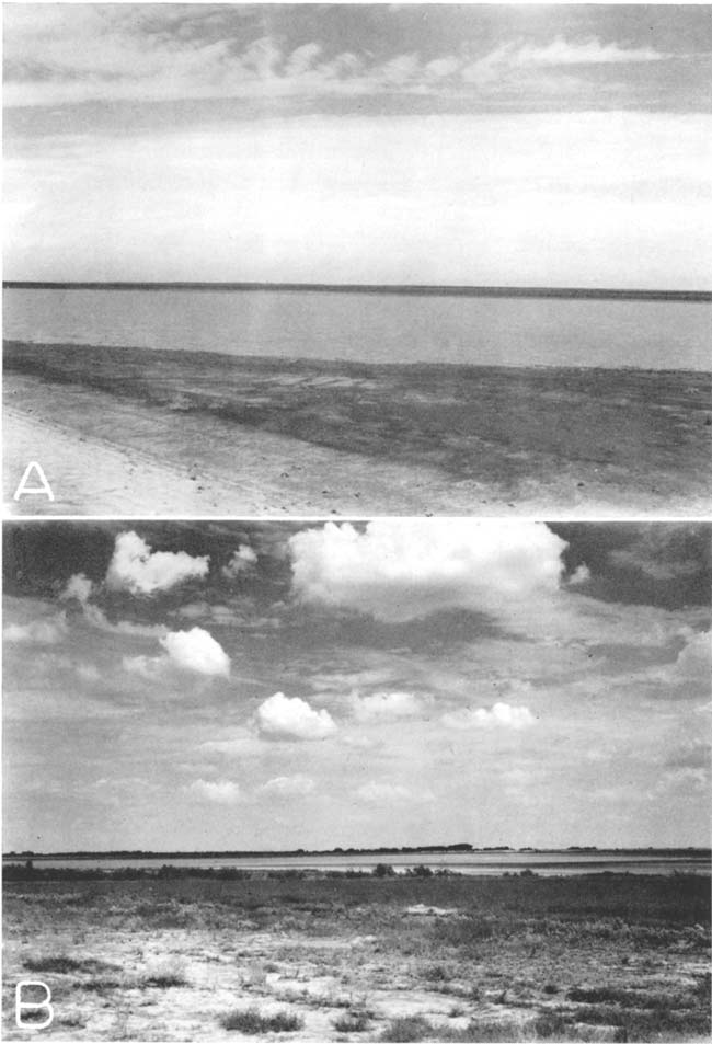 Black and white photos; top photo is shallow depression filled with water; bottom photo is lake with grasslands in foreground.