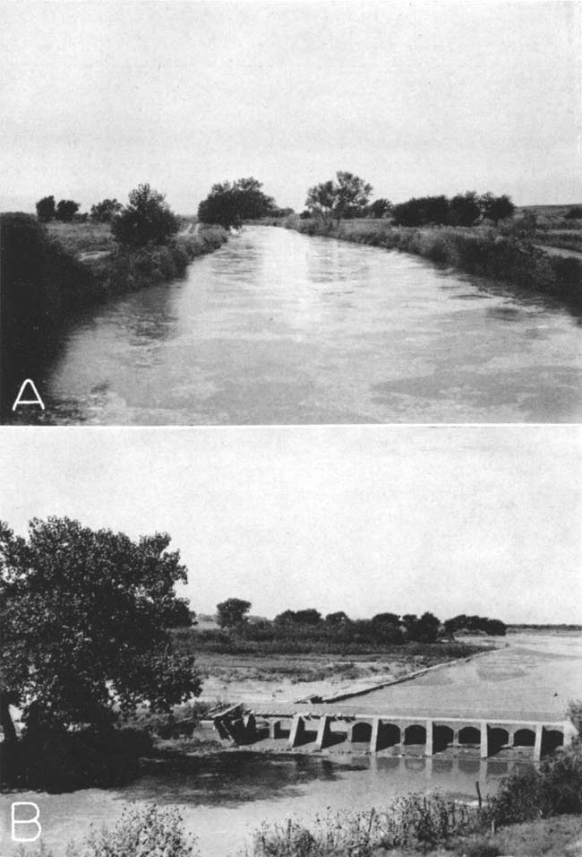 Two black and white photos of Amazon irrigation canal; first is of canal full of water, second is of headgate made of several cement arches.