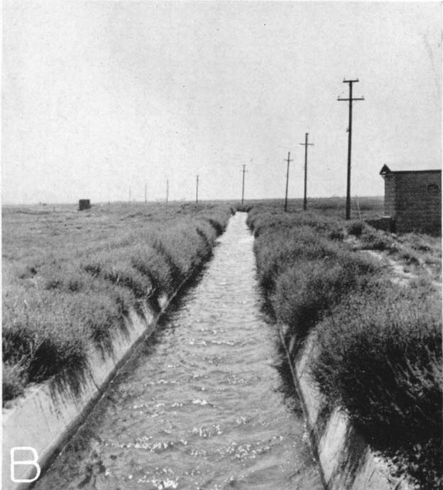 Black and white photo of water flowing in narrow (6-ft?) canal through flat grasslands.