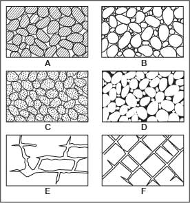 6 schematics showing interstices or voids in rocks