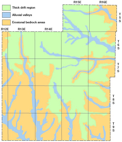 Erosional bedrock in West and SW; thick drift in central and north-central; alluvial valleys surrounding streams in both other regions.