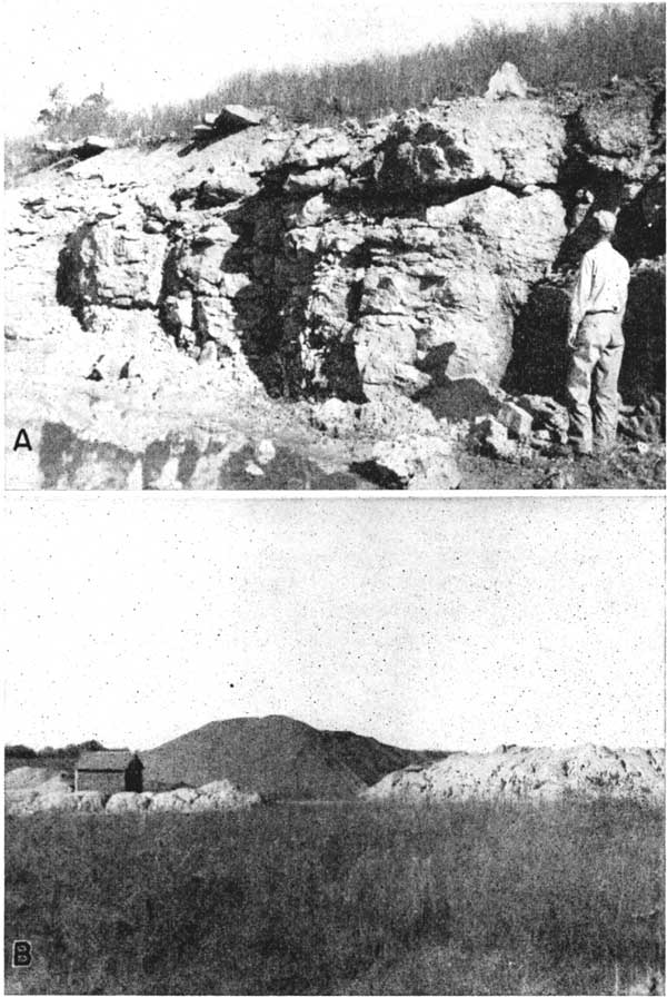 Two black and white photos; first has limestone outcrop in a quarry (6-8 feet thick); piles of lime and road material.