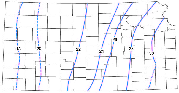 Precipitation minus runoff ranges from 30 inches in eastern Kansas to 18 in the west, with a value of 22 in Jewell County.
