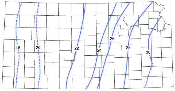 Precipitation minus runoff ranges from 30 inches in eastern Kansas to 18 in the west, with a value of 22 in Jewell County.