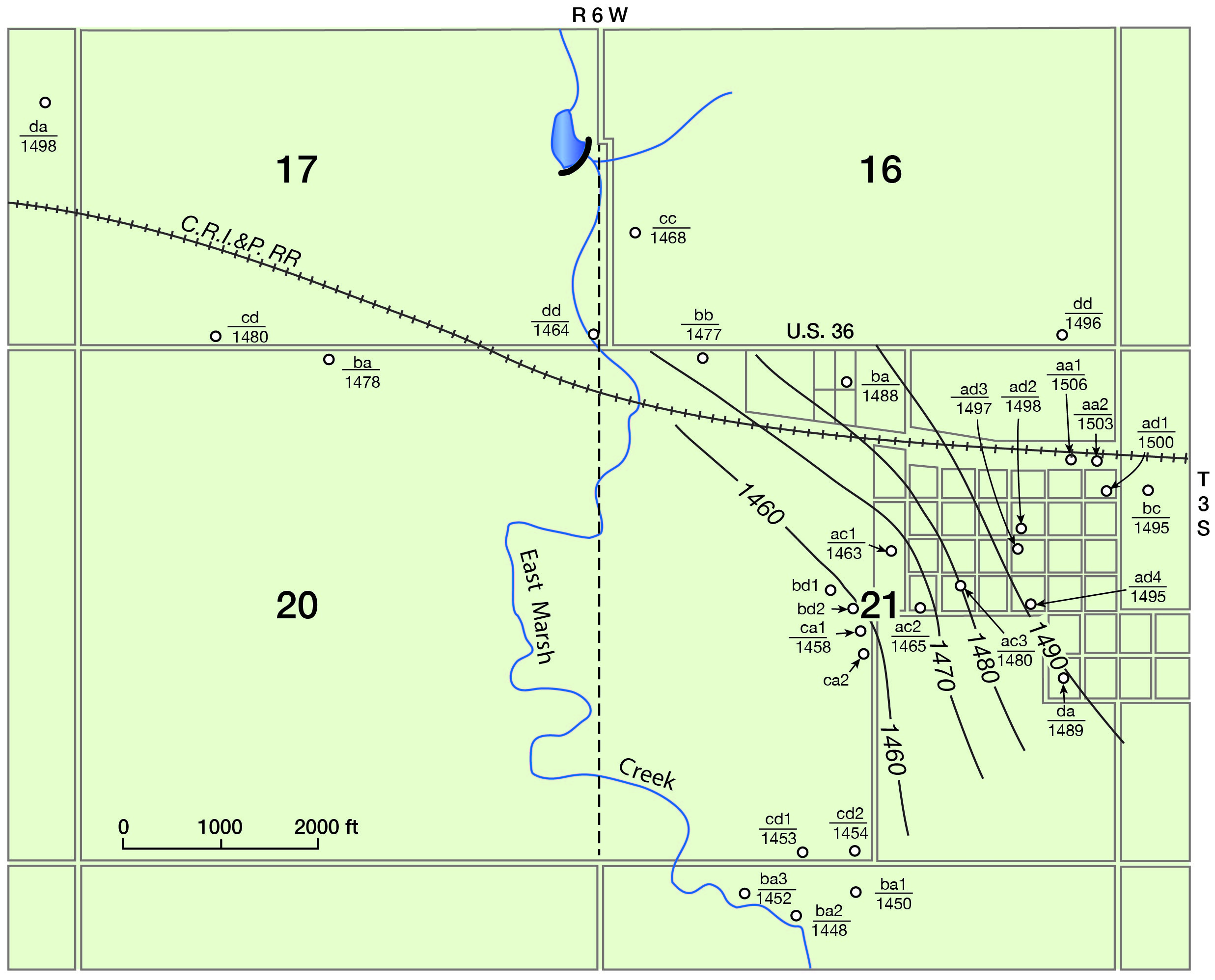 Water table at 1490 in Formoso, dropping to 1460 to west and southwest of town.