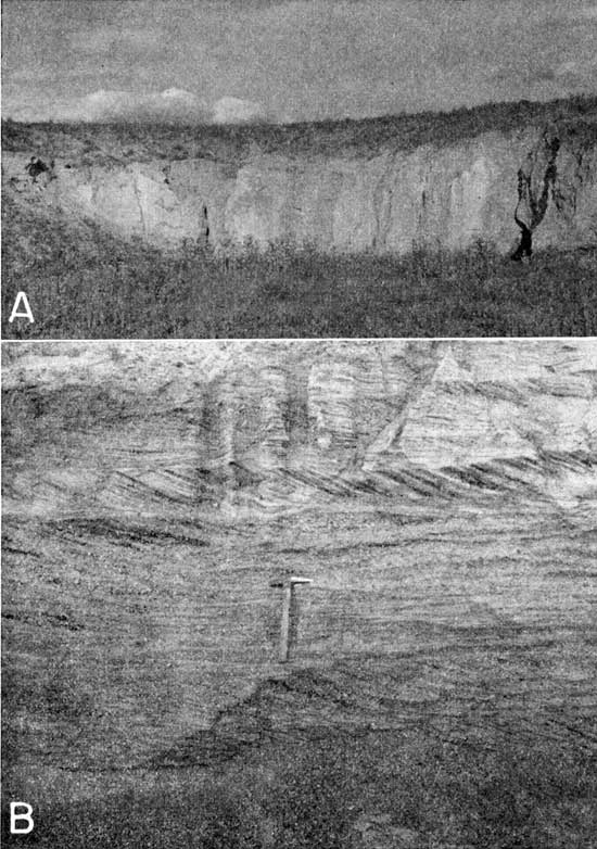 Two black and white photos; top is of thick gray outcrop of ash; lower photo shows thickness of several feet of cross-bedded gravels.