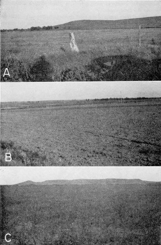 Three black and white pictures; first two show cultivated fields with a limestone fencepost in upper photo; third photo looks to be prairie with small hills in background.