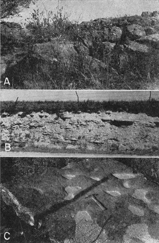 Three black and white photos; top outcrop is of large, dark boulders; middle is of light colored shale and smaller stones; bottom is closeup of lighter shallow pits dissolved in darker limestone, pits are less than an inch deep.