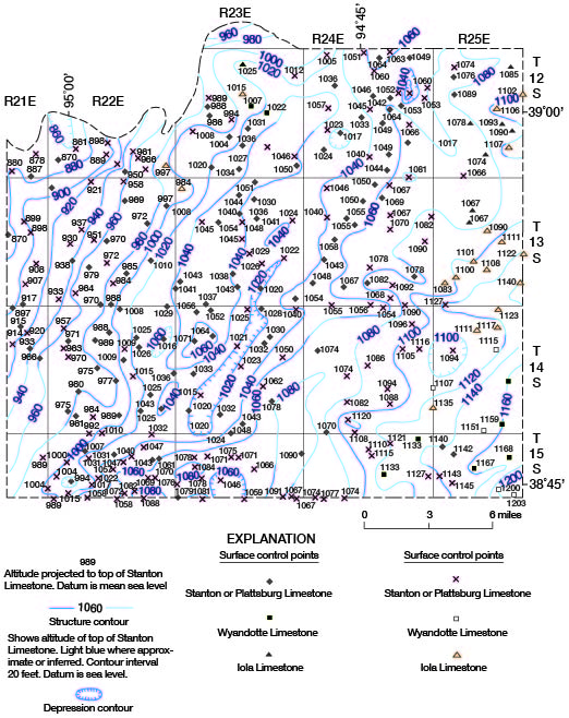 contour map, low areas in central and southeast corner