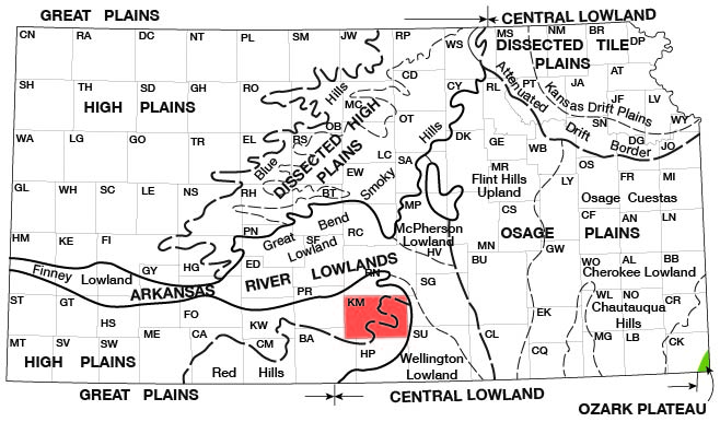 Map of Kansas shows Kingman Co. is in two physiographic provinces, The High Plains and Red Hills provinces.