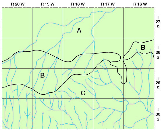 Sand hills in northern quarter; upland plains in central in area from east to west; dissected area in lower half.