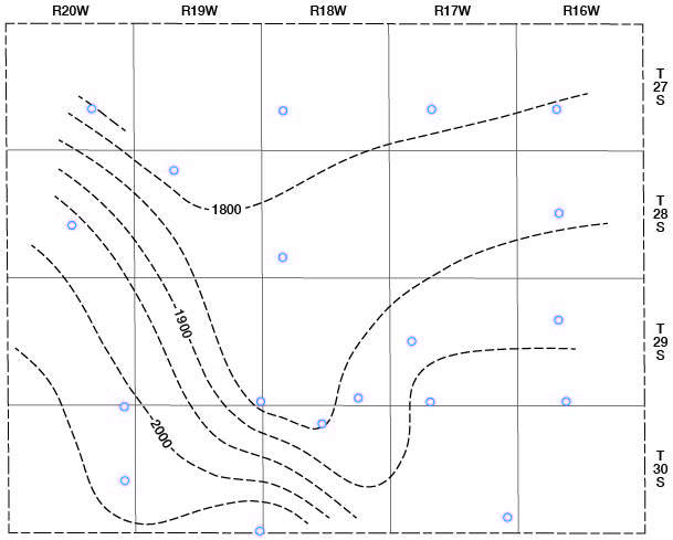 High of 2050 ft in SW corner, low of 1800 in north half.