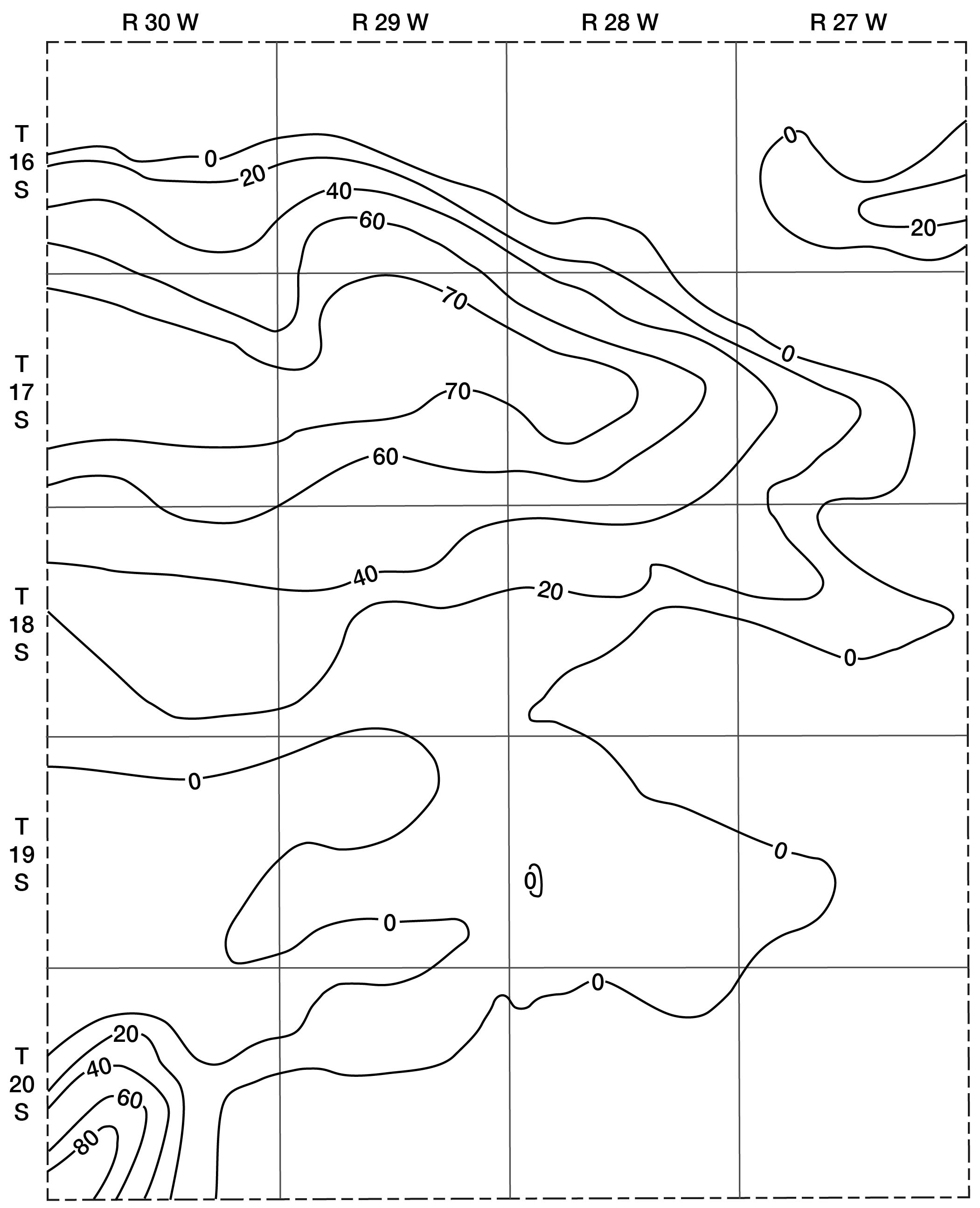 80 feet thick in far SW, 70 feet thick in north (T17S); Zero thicknesses in far north, east, SE, and south-central (T19S).