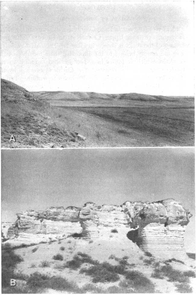 Top photo gentle hills next to grasscovered plain; Bottom photo of massive outcrop, steeply-sided outcrop, resistant bed at top and softer below, looks isolated from surrounding flat lands.