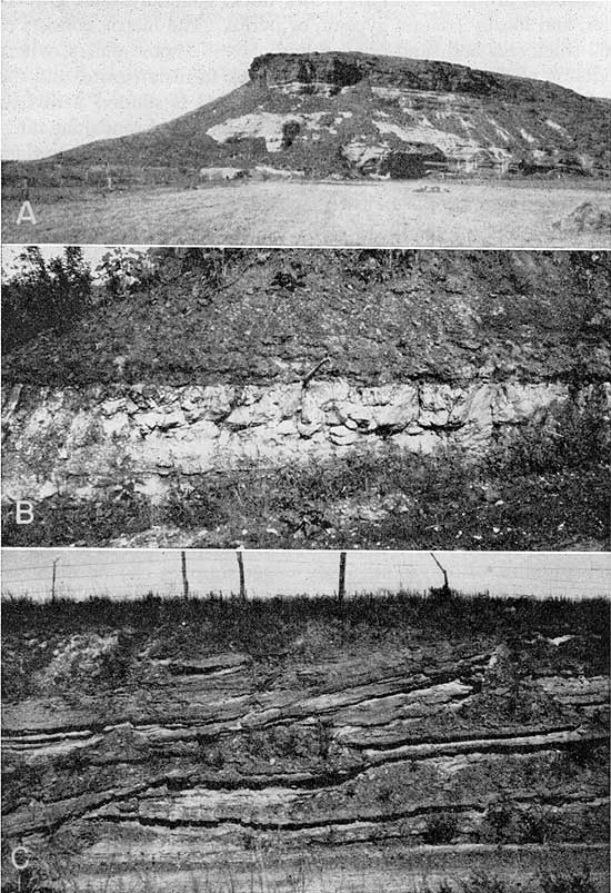 Three black and white pictures; top is of flat-topped hill; middle is of Dakota outcrop with Graneros shale above; lower photo is of sandstone outcrop of Dakota with grass and barb-wire fence above.