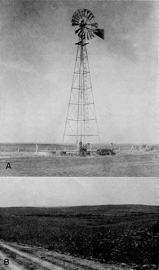 Two black and white pictures; top is of windmill with small stock tank, fencepost limestone with barb wire in background; lower photo is of gentle topography.