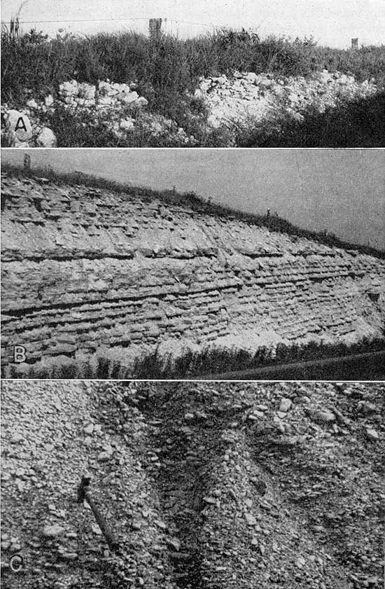 Three black and white photos of outcrops; top shows bright white rubbly outcrop covered by tall grasses and brush; middle is of thick, highly bedded limestone in roadcut; lower photo is of gravel, rock hammer for scale.