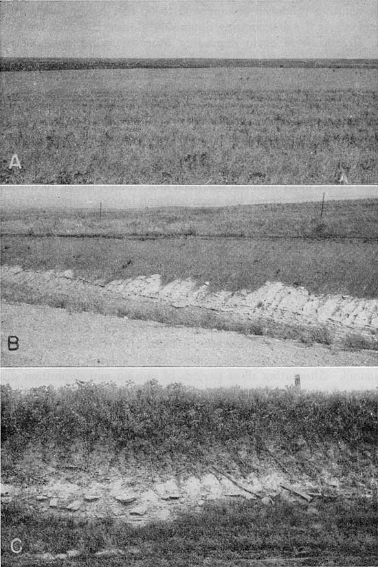 Three black and white photos of loess; top shows grass-covered field; middle is of roadcut, light colored limestone overlain by dark loess; lower photo is of grass-topped outcrop, darker loess over light shale.