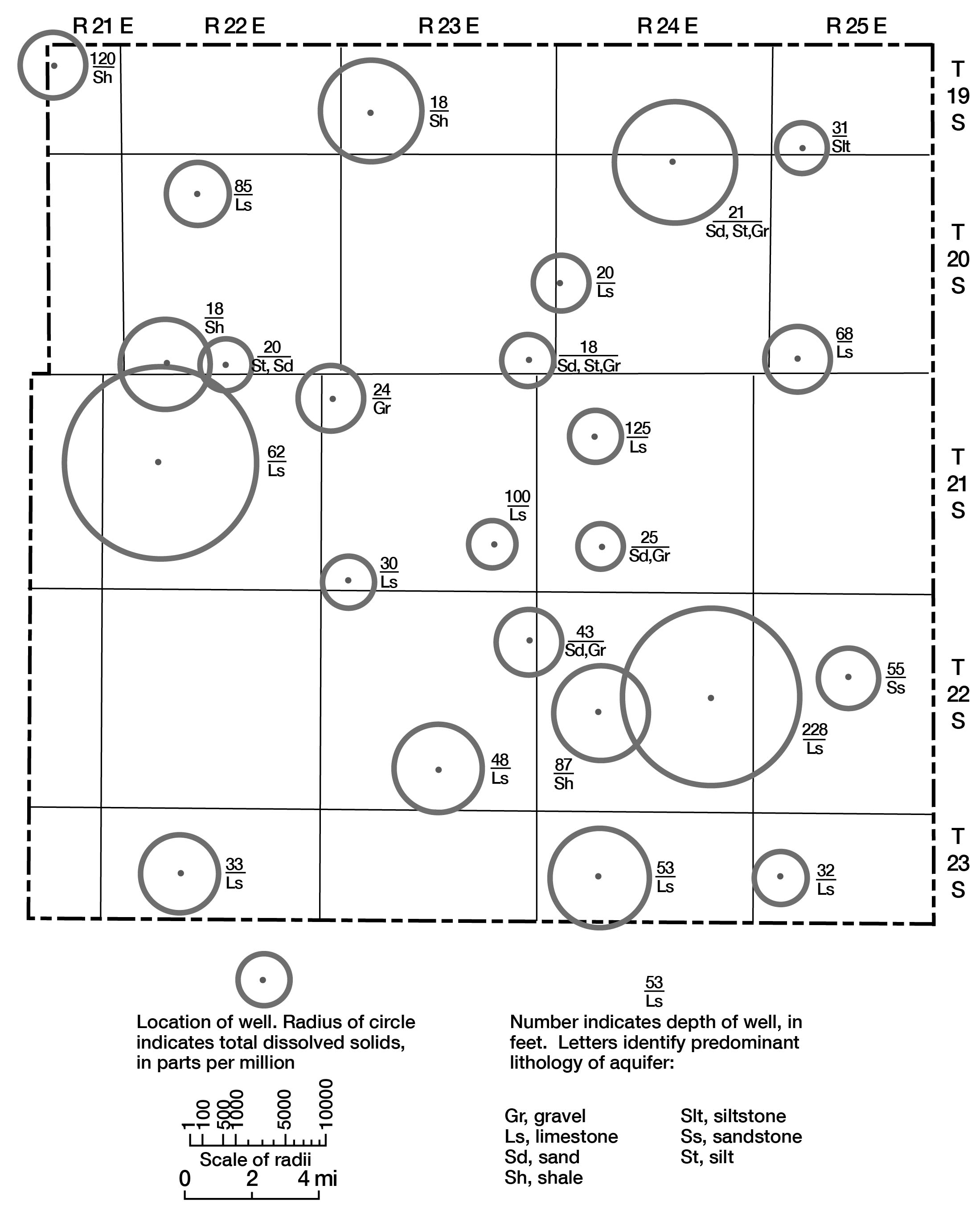 Total dissolved solids highest in samples from T. 22 S., R. 24 E. and T> 21 S., R. 22 E., from limestone aquifers.