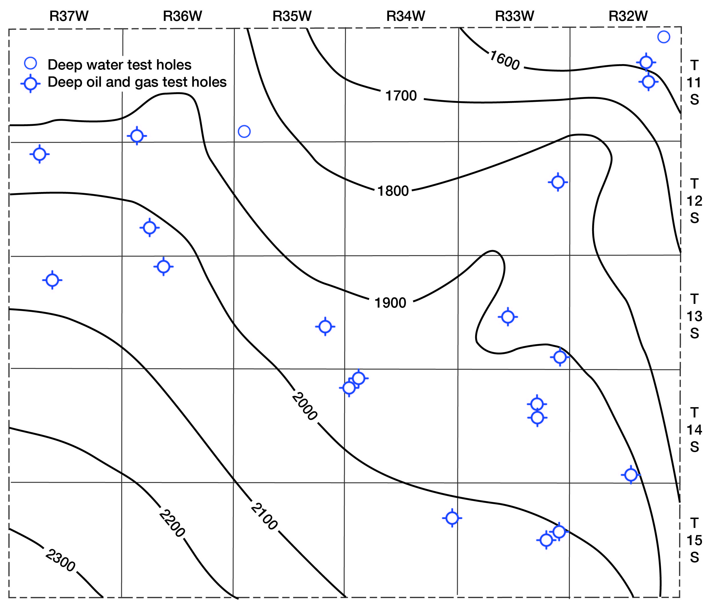 Dakota formation has elevation of 1600 in NE and 2300 in SW part of county.