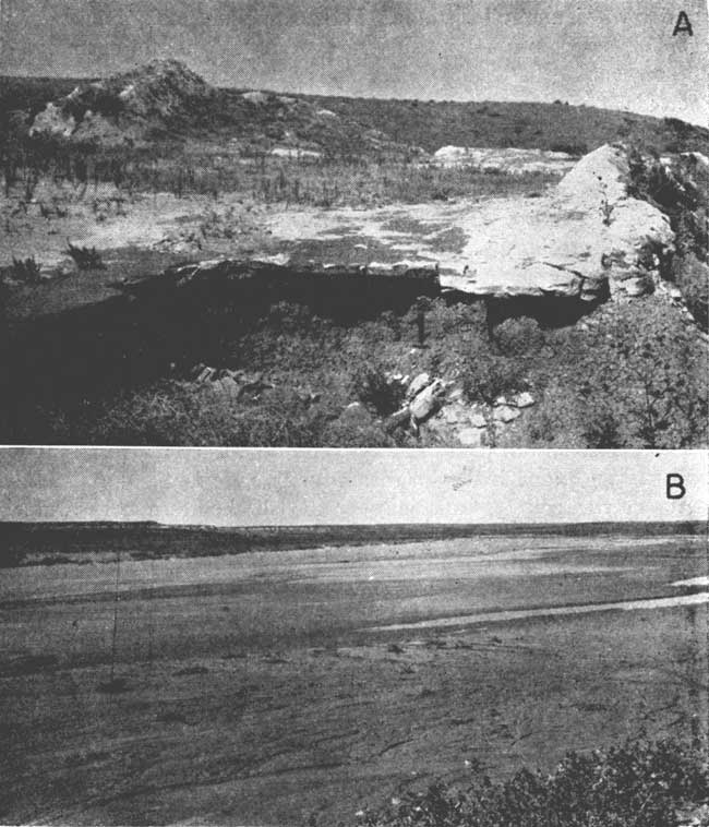 Two black and white photos; top of small quarry, white spoil piles surrounding flat central area; bottom photo is flat river bottom, small stream in center, low bluffs in background.