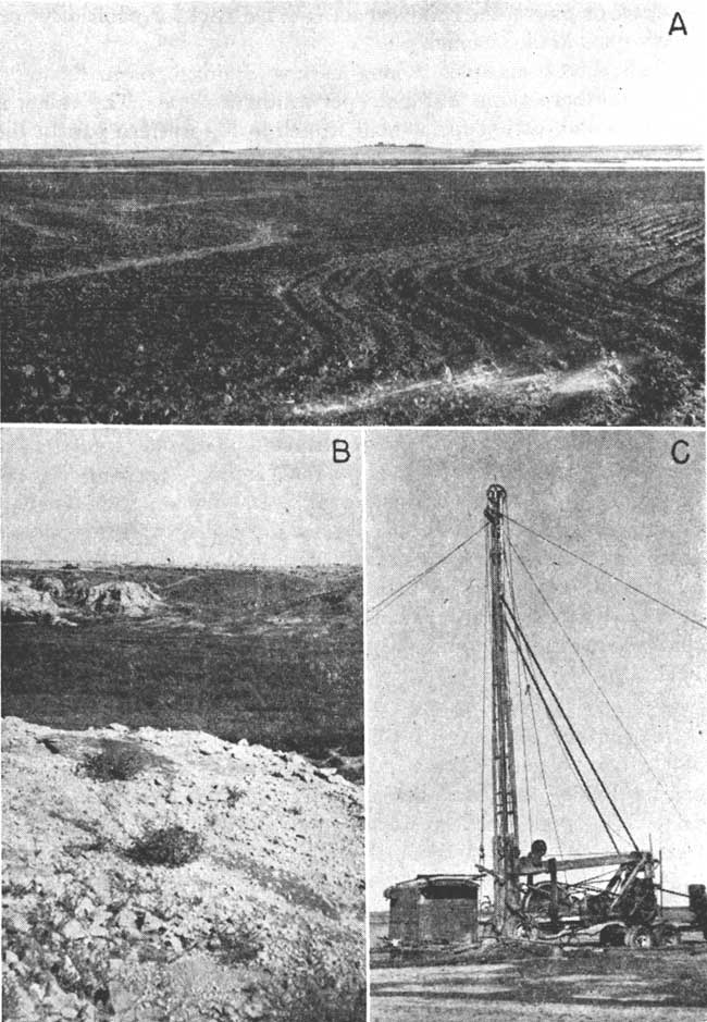 Three black and white photos; top is of disked field, dark soil, with water-filled depression in background; light-colored outcrop in foreground, small stream bed(?) between forground outcrop and background; single tower of drill rig held up by guy wires, wheels on rig show it to be portable, looks to be size of large pickup.