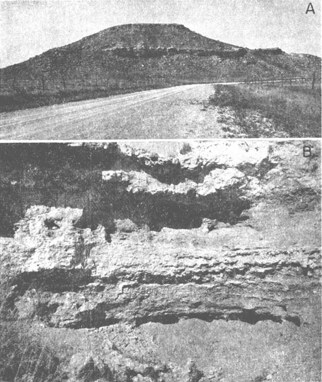 Two black and white photos; top is of flat-topped hill, cliff crops out about halfway up, extends across most of visible hillside; bottom is closeup of fine-grained sandstone.