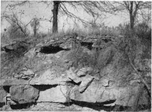 Black and white photo, outcrop shows resistant bed at top, massive blocks at bottom, softer beds in middle.