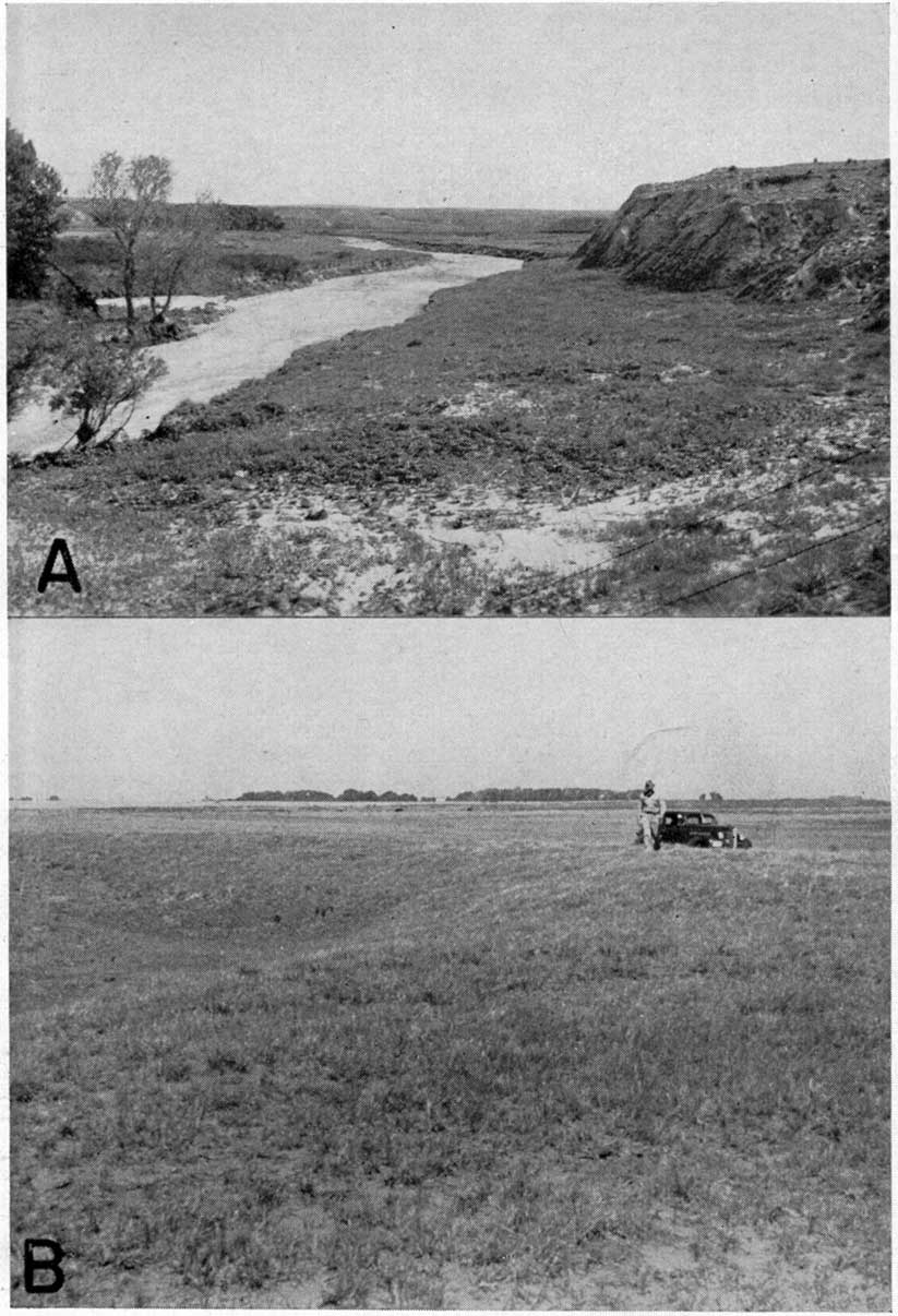 Old black and white photos. Top photo shows water-filled stream moving past sharp valley wall. Bottom show gentle levee wall along small creek.
