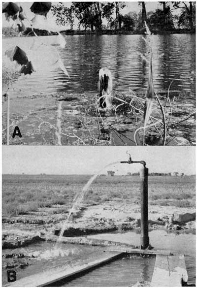 Black and white photos; top photo shows water flowing out of stand pipe into pond; lower photo shows stream of water flowing into irrigation ditch from spigot connnected to stand pipe