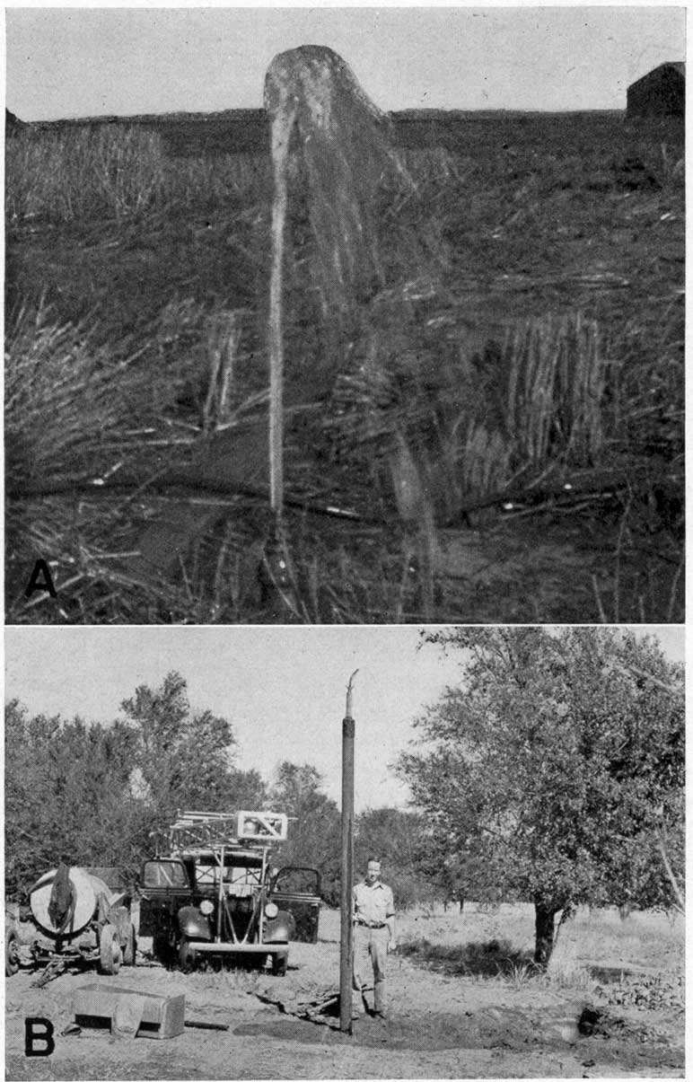 Black and white photos; top photo shows water shooting a few feet above a short stand pipe; lower photo shows thin stream of water from pipe standing at least 12 feet above the surface